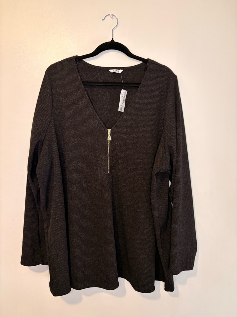 Penningtons Brown V-Neck Long Sleeve Top with Gold Zip Accent
